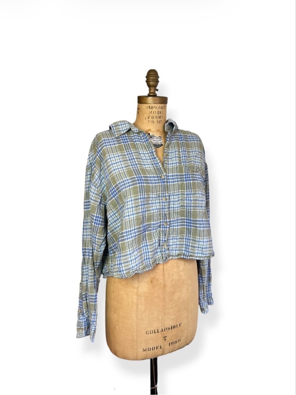 American Eagle Cropped Plaid Button Up Shirt Blue & Olive Green Casual Fall
